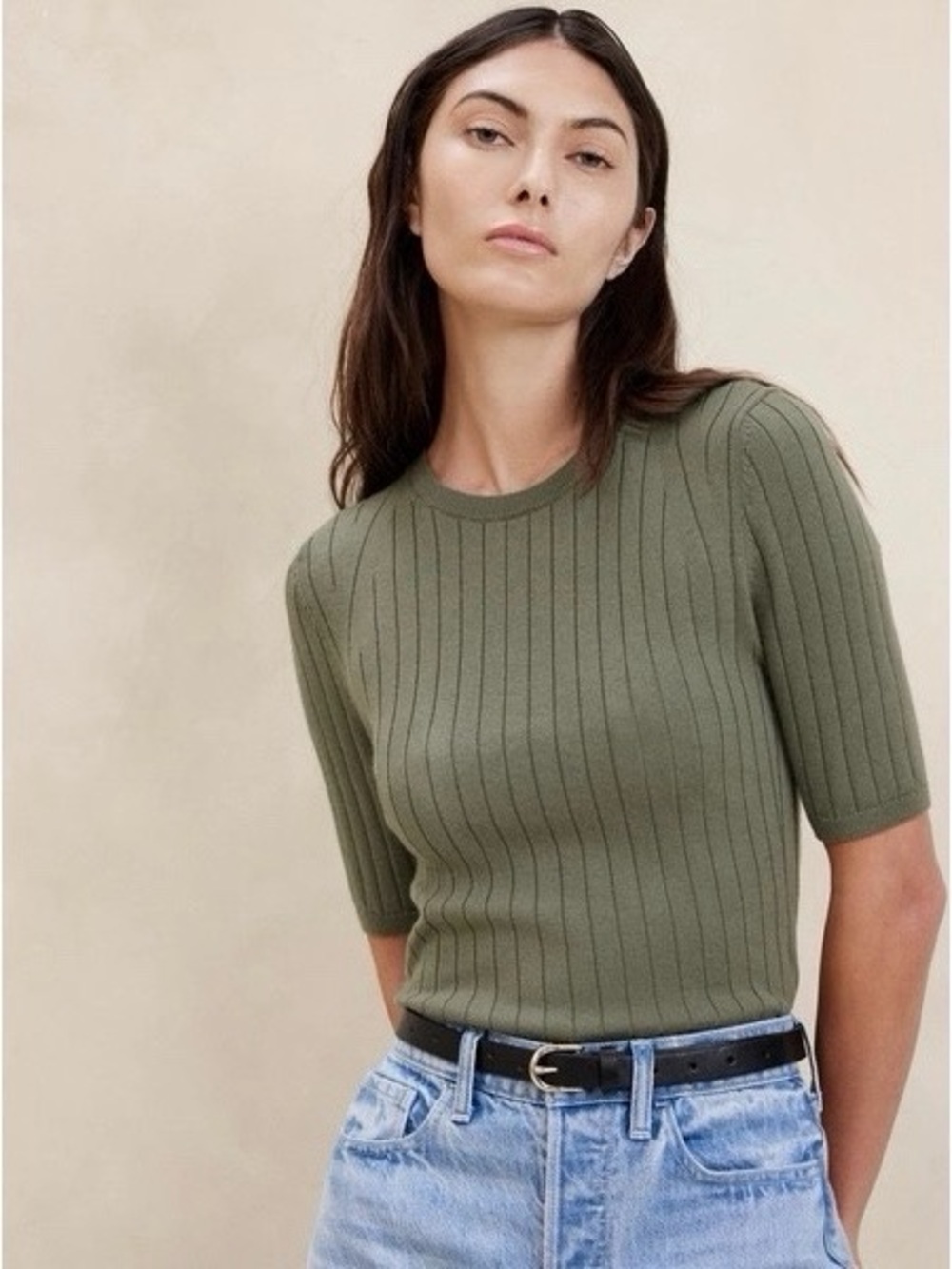 NWT Banana Republic Nezha Merino Ribbed‎ Sweater Top in Desert Thyme Green